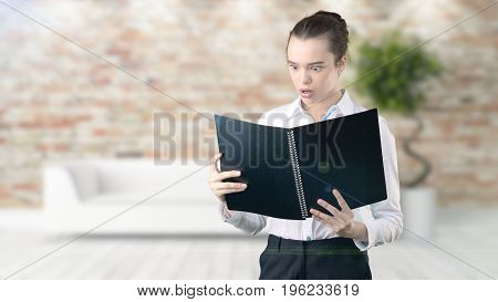 Young Beautiful Business Woman And Creative Designer Standing Over Blured Interior Background