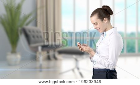 Young Beautiful Business Woman And Creative Designer Standing Over Blured Interior Background