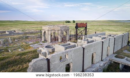 concrete ruins of one of five reduction plants and pump stations manufacturing potash during World War I near Antioch, Nebraska, aerial view