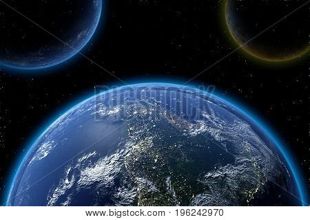 Asteriods in blue earth from space in 3D. Elements of this image furnished by NASA