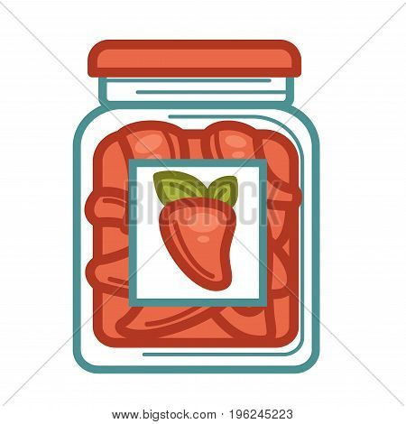 Preserved red peppers in jar isolated on white flat vector colorful illustration. Closeup poster in graphic design of glass container with label and picture for keeping homemade marinade food