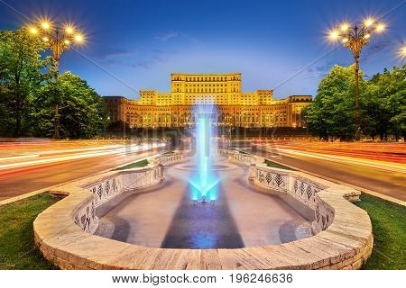 Bucharest Romania City Center with Palace of Parliament Architecture at Sunset
