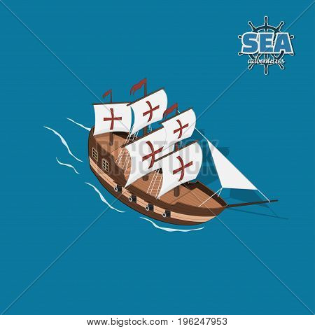 Brown sailer on a blue background. Sailboat in isometric style. 3d illustration of ancient ship. Pirate game. Vector illustration