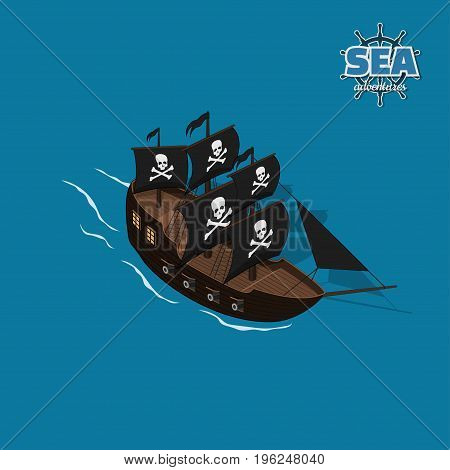 Pirate sailer on a blue background. Sailboat in isometric style. 3d illustration of ancient ship. Corsair game. Vector illustration