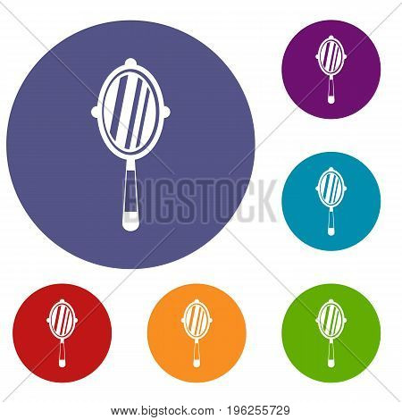 Hand mirror icons set in flat circle red, blue and green color for web