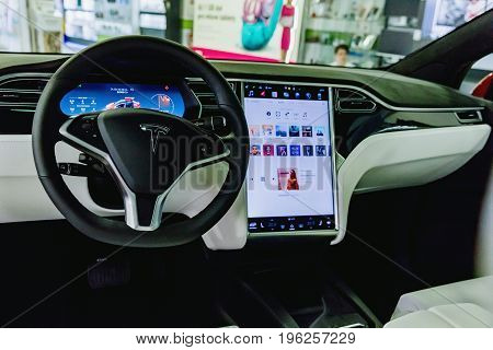 PRAGUECZECH REPUBLIC - 17 July 2017. TESLA car Model X - detail on the dashboard of a modern electric car located in the ALZA shop in Prague.