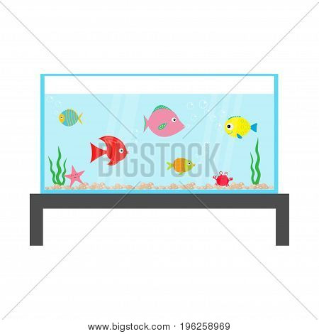 Fish set swimming at aquarium. Star crab seaweed stones bubbles water waves. Fish tank on the table. Shining glass. Baby kids collection. Cute cartoon character Flat design Vector illustration