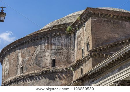 Detail of Pantheon in Rome. Close view exterior. Pantheon was built as a temple to all the gods of ancient Rome. Rome Italy. June 2017