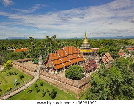 Side Aerial view of Wat Phra That Lampang Luang a landmark of Lampang city Thailand