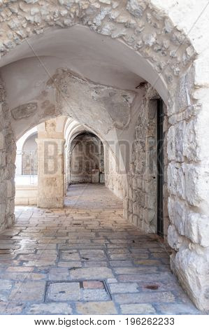 Small courtyard near the entrance to the Room of the Last Supper in Jerusalem Israel.
