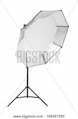A professional metal gray octobox isolated over the white background. Studio equipment and lightning. A huge and tall octobox. Studio flashlight with a bright oct-box.