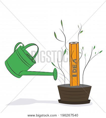 Watering can is watering a yellow pencil idea. Hand-drawn cartoon vector illustration for business design and infographics.