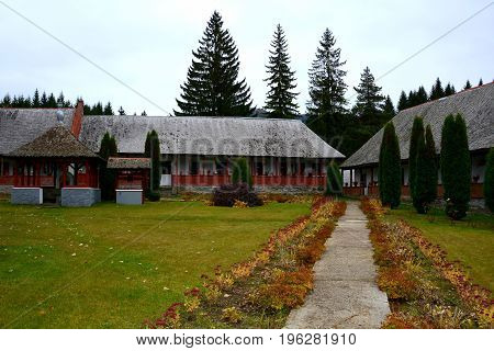 Courtyard. Church of Cheia Monastery, Prahova. Romanian Orthodox complex located on the right bank of Tampa Creek, southeast of Cheia, in Prahova County, southeastern Romania.  