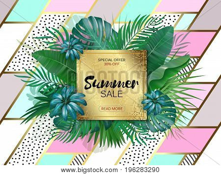 Sale. Square summer sale tropical leaves frame on hand drawing patch work backdrop. Tropical flowers, leaves and plants background