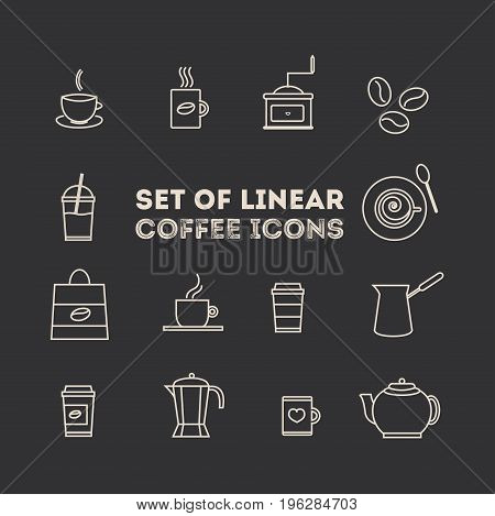 coffee icon set. Line coffee elements isolated on brown background. Vector illustration