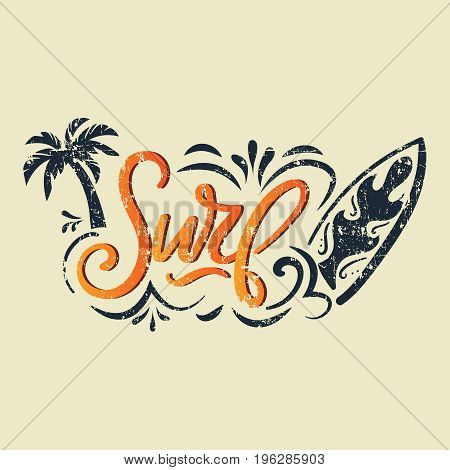 Vector Summer surfing retro badge. Surf calligraphy for t-shirt print, card, poster, banner. Vintage hand lettering emblem with surfing board, flourishes and palm. vector illustration.