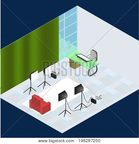 Isometric photo studio room interior with workplace equipment professional lighting and fotoaparat. 3d isometric creative fotostudio concept and beautiful view from window. All objects are isolated.