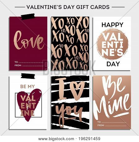 Valentine's day card set with modern calligraphy. Gift tags with gold, black, pink, white colors. Brush Design print  for valentine and wedding. Love. Be mine.