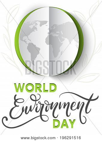 World Environment Day poster with hand drawn calligraphy. Paper cutout eco illustration. Vector illustration with the Environment day lettering and planet.