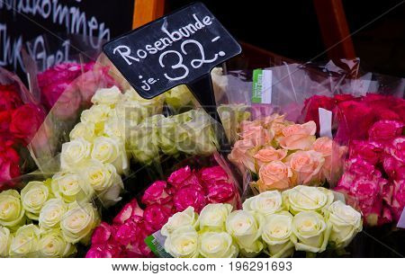 Beautiful colorful roses selling at flora market