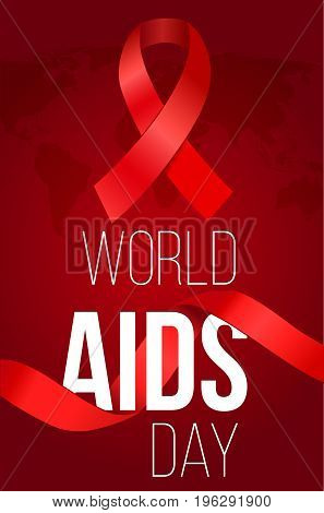 World aids day poster with map and ribbon. December 1st. Vector illustration