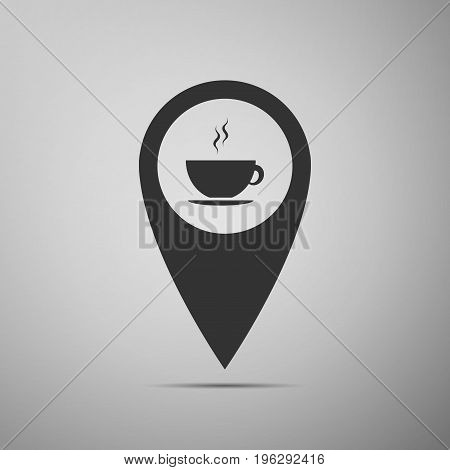 Map pointer with hot coffee cup icon isolated on grey background. Flat design. Vector Illustration