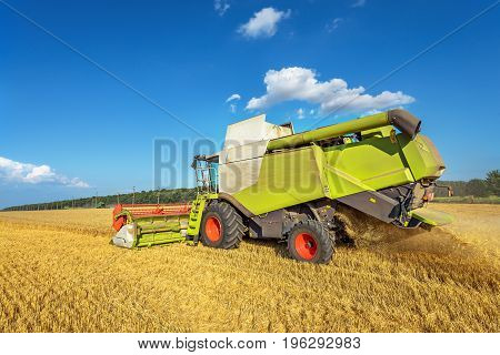 Dobrich, Bulgaria - JULY 13, 2017: Claas Lexion 660 combine harvester on display at the annual Nairn Farmers Show on July 13, 2017 in Dobrich, Bulagria.