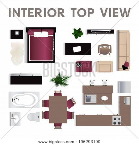 Interior top view. Set of isolated realistic interior icon. Vector illustration