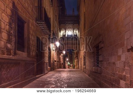 Cobbled medieval Carrer del Bisbe street with Bridge of Sighs in Barri Gothic Quarter at night, Barcelona, Catalonia, Spain