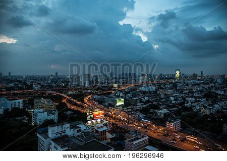 Cityscape And Light Of Night Road
