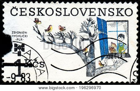 UKRAINE - CIRCA 2017: A stamp printed in Czechoslovakia shows 9th Biennial of Illustrations for Children and Youth Zbigniew Rychlicki circa 1983