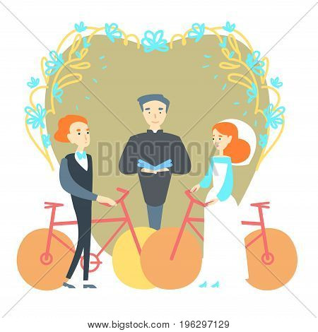 Man and woman getting married with bicycles around
