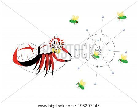 The spider ensnares green flies from a web