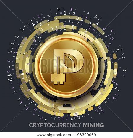 Mining Peercoin Cryptocurrency Vector. Golden Coin, Digital Stream. Futuristic Money. Fintech Blockchain. Processing Binary Data Arrays Operation.