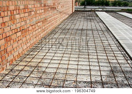 Reinforcement Metal Framework For Concrete Pouring. Ready For Filling Up With Concrete.