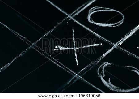tic tac toe chalk on a a school blackboard dark.