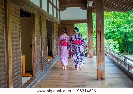 KYOTO, JAPAN - JULY 05, 2017: Unidentified people walking through the Hojo Hall of Tenryu-ji in the Arashiyama district of Kyoto.