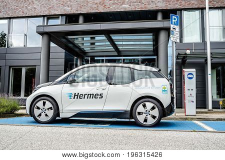 Hamburg , Germany - July 15, 2017: The company Hermes is u sing E-Cars in their headquarter in the city of Hamburg, Germany, Europe