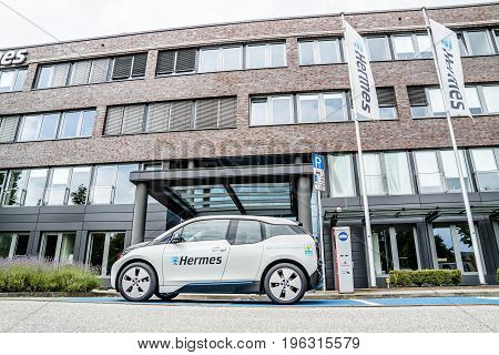 Hamburg , Germany - July 15, 2017: The company Hermes is u sing E-Cars in their headquarter in the city of Hamburg, Germany, Europe