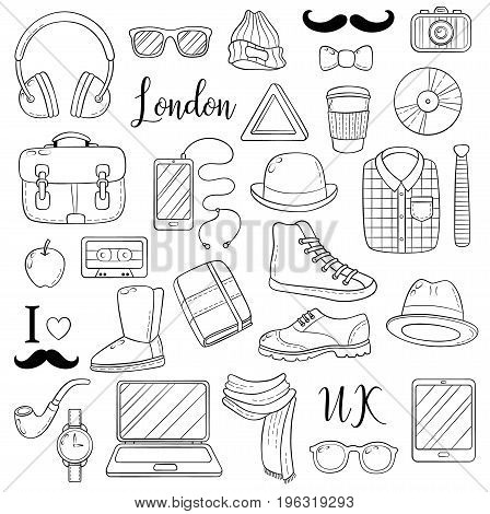 Set of graphic elements icons. Hipster accessories. Doodle cartoon comic background, wallpaper, template, backdrop