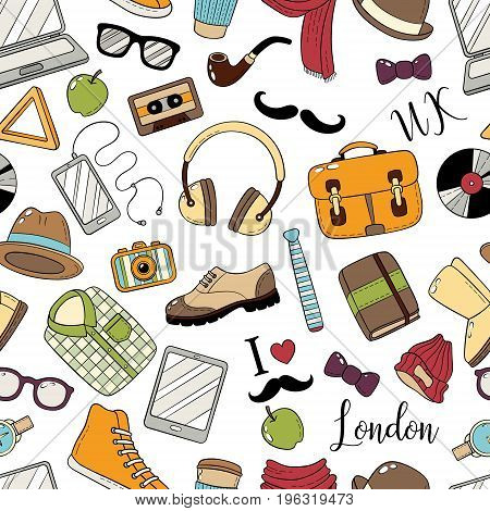 Seamless background, pattern, wallpaper, texture. Template for flyer, advertisement banner Vector Doodle Icons Collection