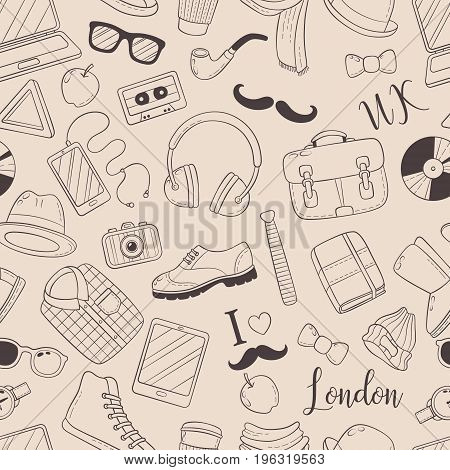 Seamless background, pattern, wallpaper, texture. Template for flyer, advertisement banner Vector Doodle Icons Collection