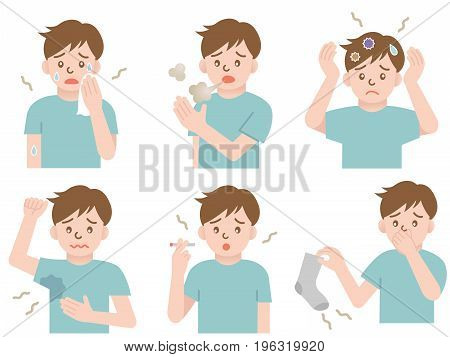 set of body odor: sweat, bad breath, hair, armpits, smoke, and socks