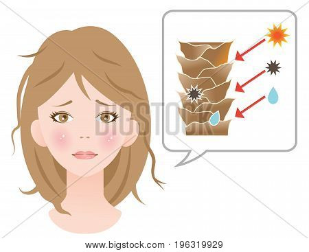 damaged hair woman. damaged hair cuticles exposure to sun damage, UV rays, germs, dust, sweat, and humidity