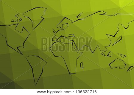 Contour continents. Green triangular lowpoly background. World Map. Vector illustration. Eps10.