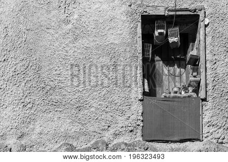 Derelict window flower-pots and bird cages in an old building in Psirri neighborhood Athens. Monochrome photo.