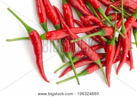 Stack Of Hot Chili Pepper Or Small Chili Padi, Isolated On White Background