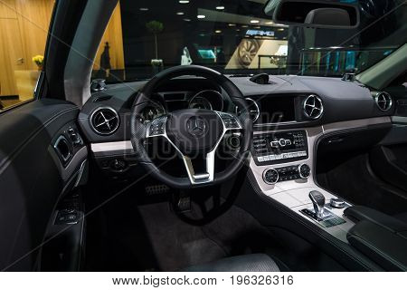 BERLIN - JANUARY 24 2015: Cabin of a sports car Mercedes-Benz SL500 (R231). Produced since 2012.