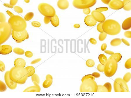 Golden coins defocused flying abstract 3D realistic background. Realistic money explosion isolated over white layout. Big jackpot casino lottery win. Vector illustration