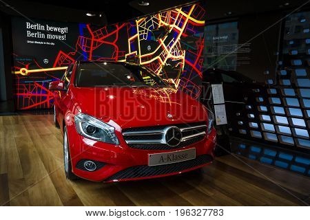BERLIN - JANUARY 24 2015: Showroom. Compact car Mercedes-Benz A200 CGI BE. Produced since 2013.